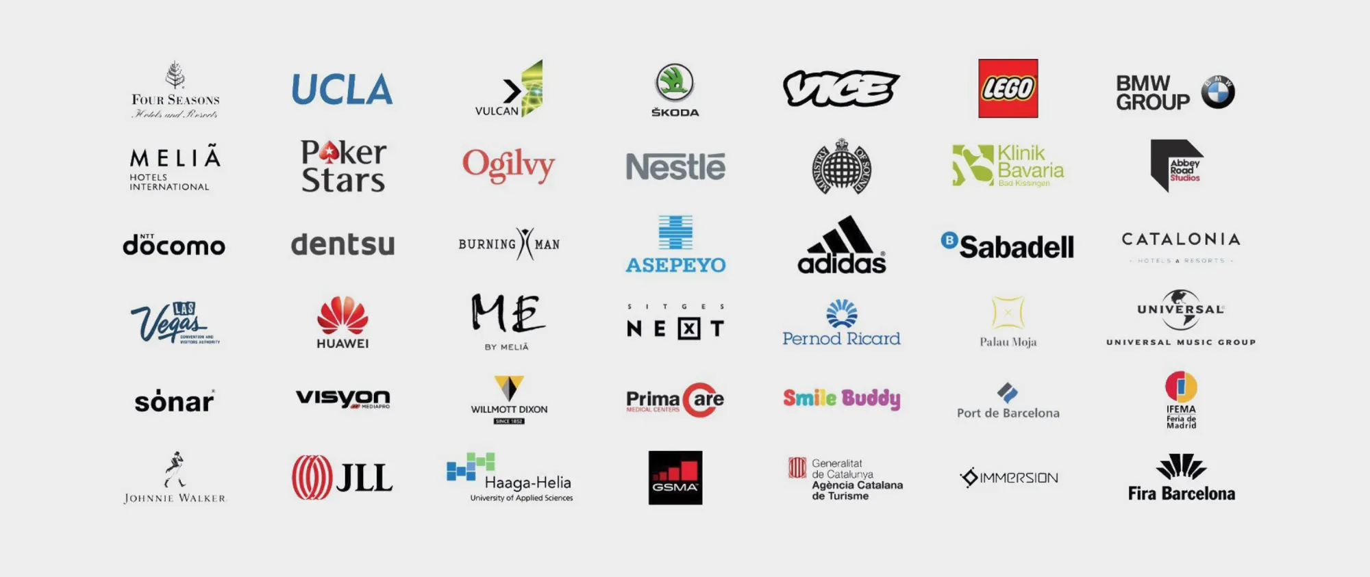 Logotipos de marcas y organizaciones con las que ha trabajado Diego Serrano, entre ellas BMW Group, LEGO, Nestlé, Adidas, Meliá Hotels, Four Seasons, Huawei, Banco Sabadell y Fira Barcelona